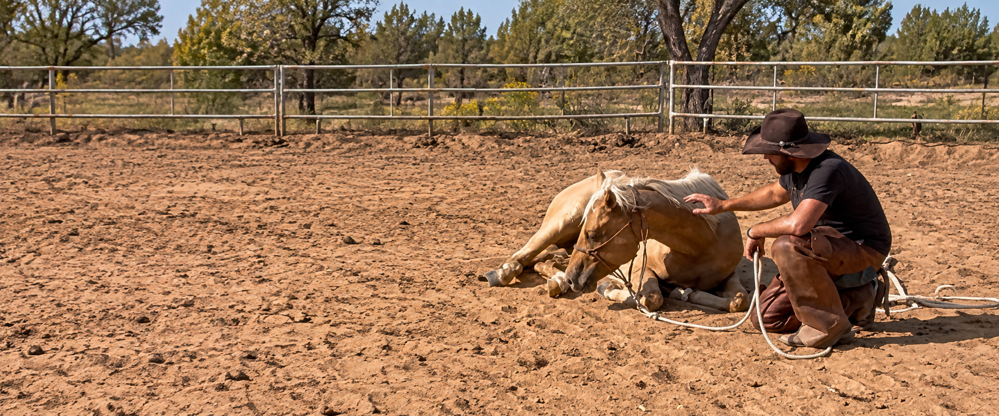 Tyler McDermett calmly working with a palomino horse in the round pen
